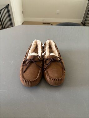 UGG Chestnut Suede Moccasin Slippers with Shearling Trim